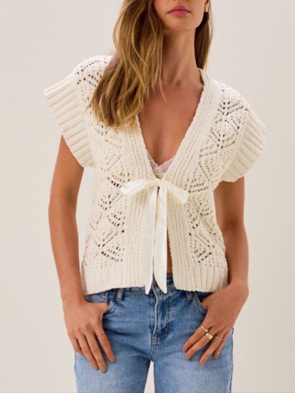 Altar'd State Sweater NWT Size M Cream Pearl Tie Front Cozy Soft Boho Knit